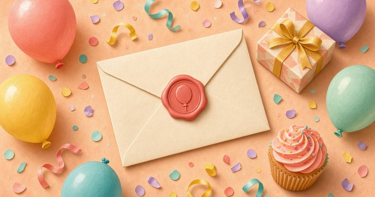 A sealed envelope with a coral balloon seal among balloons, confetti, a gift and a cupcake.